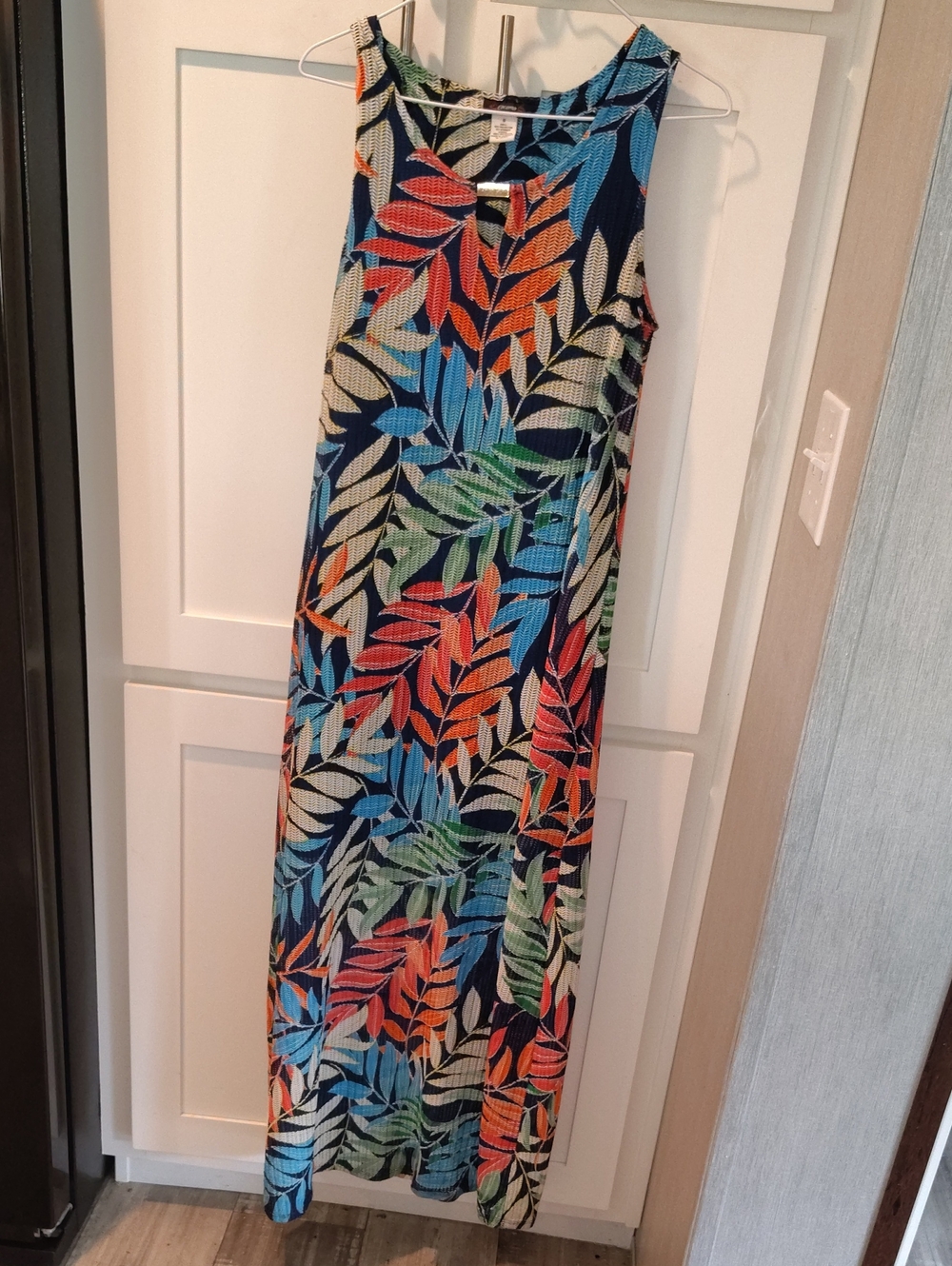 Cocomo Navy Maxi Dress with Red, Orange, Blue & Green Leaf Print